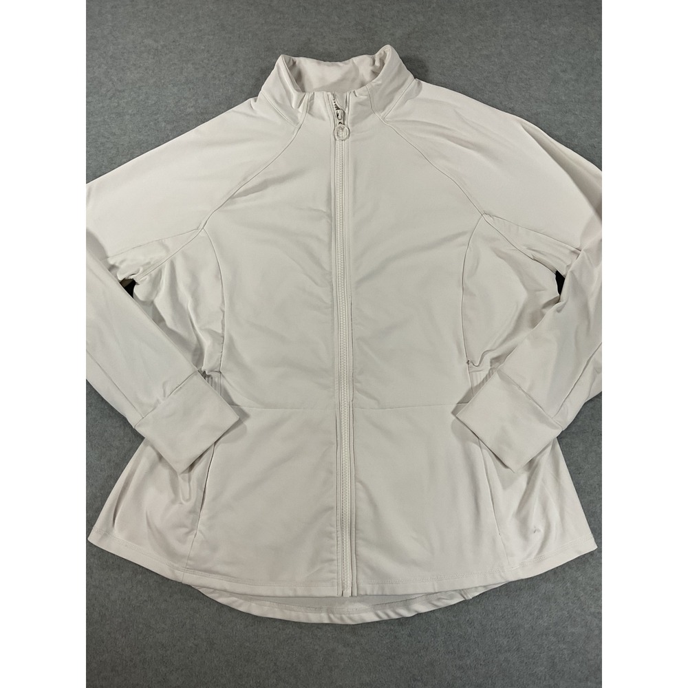 Fabletics Womens Full Zip Athletic Jacket Mock Neck Thumbholes Cream White 2805